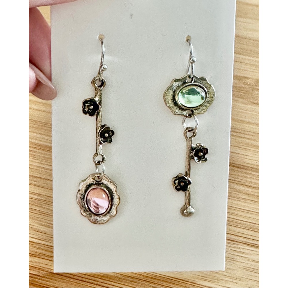 Boho Mismatched Floral Branch Drop Earrings Pink Green Cabochon Silver Tone